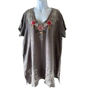Johnny Was Assa Linen Tunic Dress Floral Embroidered Womens Size XL Gray Boho